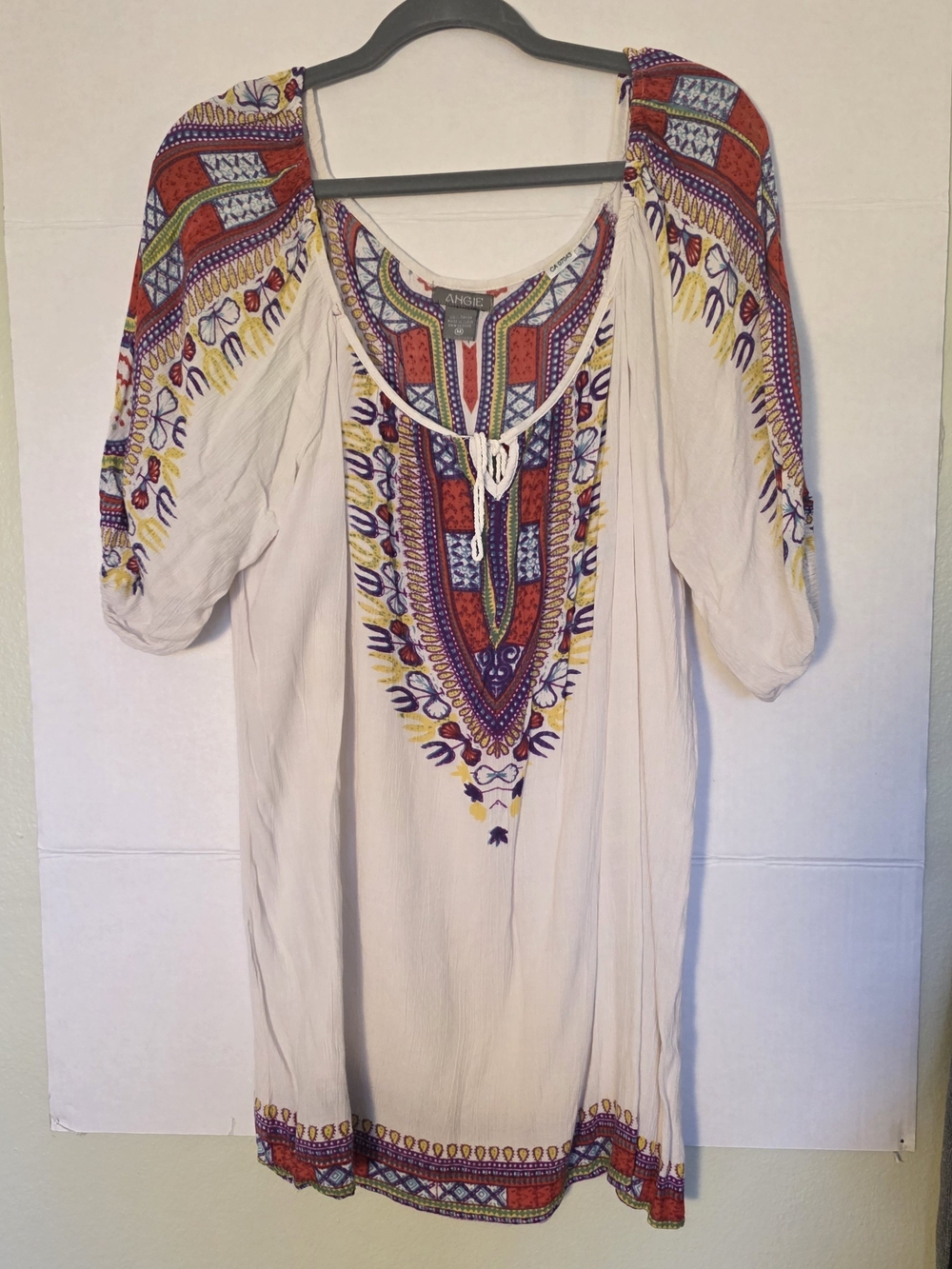 Angie Boho Tribal Embroidered Tunic Blouse Puff Sleeve 70s Folk Hippie